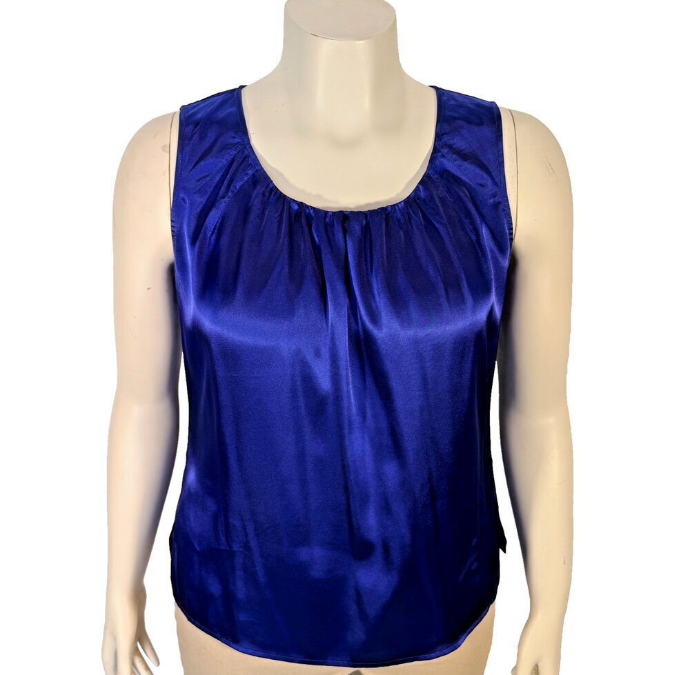 Chico's Tank Top Womens M (1) Royal Blue Satin Gathered Round Neck